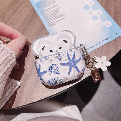 جراب MINSCOSE متوافق مع AirPods 4، تصميم جميل لطيف على شكل صدف ونجم البحر مع سلسلة مفاتيح، غطاء حماية ناعم من مادة TPU مقاوم للصدمات لـ AirPods 4 للنساء والفتيات - أزرق in Kuwait