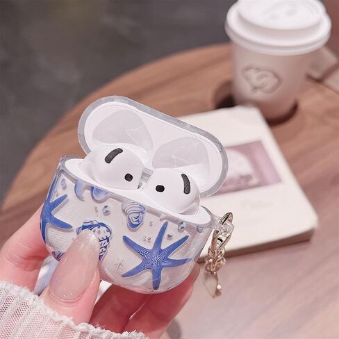 جراب MINSCOSE متوافق مع AirPods 4، تصميم جميل لطيف على شكل صدف ونجم البحر مع سلسلة مفاتيح، غطاء حماية ناعم من مادة TPU مقاوم للصدمات لـ AirPods 4 للنساء والفتيات - أزرق in Kuwait