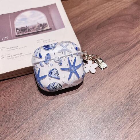 جراب MINSCOSE متوافق مع AirPods 4، تصميم جميل لطيف على شكل صدف ونجم البحر مع سلسلة مفاتيح، غطاء حماية ناعم من مادة TPU مقاوم للصدمات لـ AirPods 4 للنساء والفتيات - أزرق in Kuwait