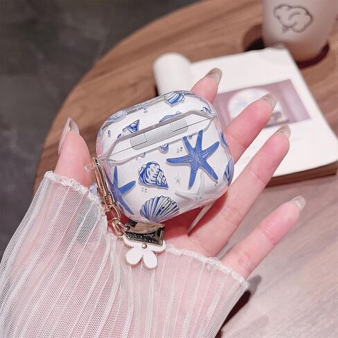 جراب MINSCOSE متوافق مع AirPods 4، تصميم جميل لطيف على شكل صدف ونجم البحر مع سلسلة مفاتيح، غطاء حماية ناعم من مادة TPU مقاوم للصدمات لـ AirPods 4 للنساء والفتيات - أزرق in Kuwait