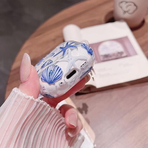 جراب MINSCOSE متوافق مع AirPods 4، تصميم جميل لطيف على شكل صدف ونجم البحر مع سلسلة مفاتيح، غطاء حماية ناعم من مادة TPU مقاوم للصدمات لـ AirPods 4 للنساء والفتيات - أزرق in Kuwait