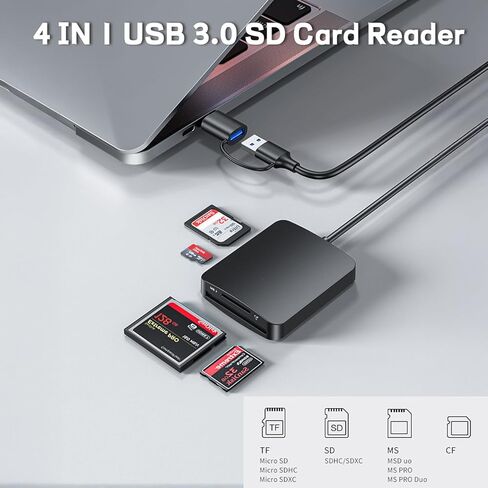 قارئ بطاقة SD، 4 في 1 USB 3.0 ومحول بطاقة USB-C إلى SD MS CF TF، قارئ بطاقة ذاكرة صغيرة بسرعة 5 جيجابت في الثانية لنظام التشغيل MacOS وVindows وLinux وAndroid in Saudi Arabia