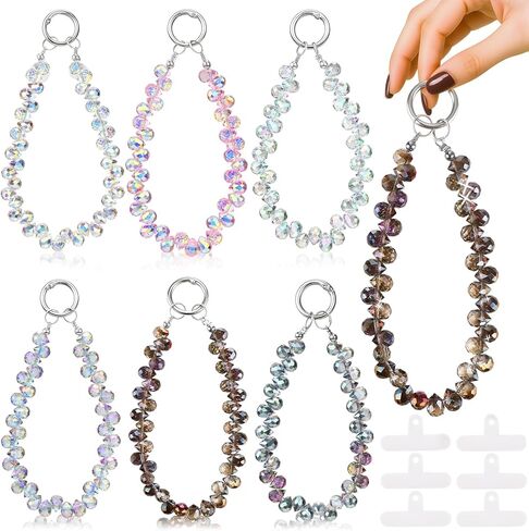 6 Pcs Crystal Phone Charm Strap Sparkling Beaded Phone Wristlet with 6 Pads Beaded Camera Wrist Strap Lanyard Girl Bags Accessories for Cell Phones Keychains in Kuwait