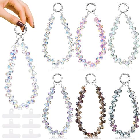 6 Pcs Crystal Phone Charm Strap Sparkling Beaded Phone Wristlet with 6 Pads Beaded Camera Wrist Strap Lanyard Girl Bags Accessories for Cell Phones Keychains in Kuwait