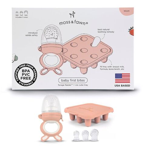 مجموعة اللدغات الأولى للأطفال من موس آند فاون - مجموعة مصاصات حليب الثدي المجمدة من السيليكون مع وحدة تغذية العلف وصينية مكعبات الثلج المصاصة للتسنين - خالية من البيسفينول وبولي فينيل كلوريد والرصاص - بلوم in Kuwait