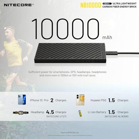 Nitecore NB10000 Gen II (Gen 2) بنك طاقة فائق النحافة، 10000 مللي أمبير QC سريع الشحن USB ومخرجات USB-C مزدوجة مع كابلات للهواتف والمصابيح الكاشفة والمصابيح الأمامية، وحزمة كابل مزدوجة in Kuwait