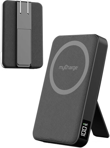 بنك الطاقة اللاسلكي myCharge CliqLuxe+ المغناطيسي بقدرة 5,000 مللي أمبير في الساعة | متوافق مع iPhone وMagSafe | شاحن محمول آمن Qi2.2 25 وات ماج | قابس وحامل حائطي مدمج | منفذ USB-C PD بقدرة 20 وات | قماش أسود فاخر in Saudi Arabia