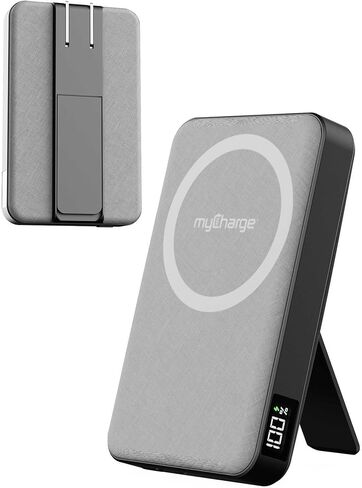 بنك الطاقة اللاسلكي myCharge CliqLuxe+ المغناطيسي بقدرة 5,000 مللي أمبير في الساعة | متوافق مع iPhone وMagSafe | شاحن محمول آمن Qi2.2 25 وات ماج | قابس وحامل حائطي مدمج | منفذ USB-C PD بقدرة 20 وات | قماش أسود فاخر in Saudi Arabia