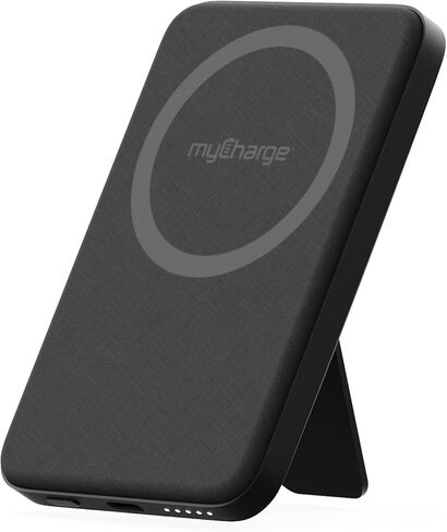 بنك الطاقة اللاسلكي myCharge CliqLuxe+ المغناطيسي بقدرة 5,000 مللي أمبير في الساعة | متوافق مع iPhone وMagSafe | شاحن محمول آمن Qi2.2 25 وات ماج | قابس وحامل حائطي مدمج | منفذ USB-C PD بقدرة 20 وات | قماش أسود فاخر in Saudi Arabia