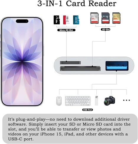 قارئ بطاقات SD، محول قارئ بطاقات كاميرا USB 3 في 1 متوافق مع iPhone 15-17 وiPad/Mac Pro/Air وMacBook Pro/Air وChromebook XPS وGalaxy والمزيد من أجهزة Android USBC in Kuwait