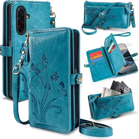 Lacass for Samsung Galaxy A26 / A17 5G Wallet Case,PU Leather Flip Cover,RFID Blocking Card Slots,Zipper,Crossbody Wrist Straps Kickstand (Floral Dark Purple) in Saudi Arabia