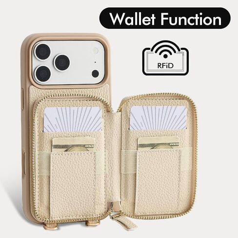 ZVE for iPhone 17 Pro Wallet Case with Card Holder, Crossbody Zipper Leather Phone Cover for Women 6.3" Beige in Saudi Arabia