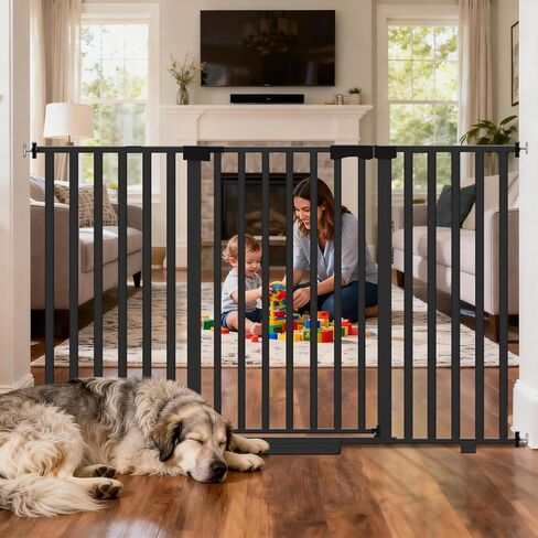 30"-62.5" Extra Wide Baby Gate for Doorways/Hallways,Pressure-Mounted Dog Gate Indoor for Stairs, Auto Close Pet Door for Child/pet Proof Safety, No Need Drilling,Black in Saudi Arabia