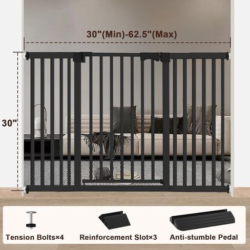 30"-62.5" Extra Wide Baby Gate for Doorways/Hallways,Pressure-Mounted Dog Gate Indoor for Stairs, Auto Close Pet Door for Child/pet Proof Safety, No Need Drilling,Black in Saudi Arabia