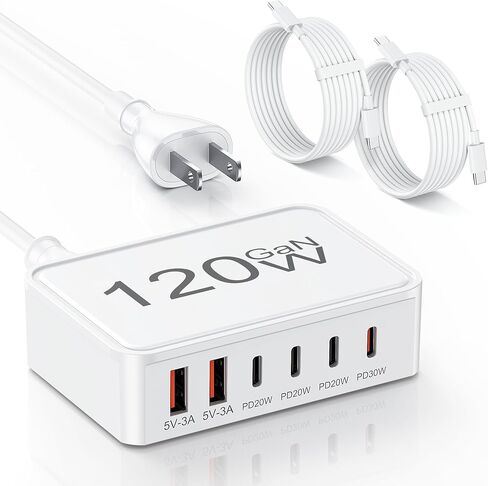 كتلة شاحن USB C، 120 وات GaN 6 منافذ من النوع C، محور محطة شحن سريع، سلك 5FT USB C قابس محول شاحن جداري لأجهزة iPad وiPhone 17 و16 و15 و14 و13 و12 Pro Max وPixel وGalaxy والمزيد in Saudi Arabia