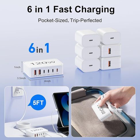 كتلة شاحن USB C، 120 وات GaN 6 منافذ من النوع C، محور محطة شحن سريع، سلك 5FT USB C قابس محول شاحن جداري لأجهزة iPad وiPhone 17 و16 و15 و14 و13 و12 Pro Max وPixel وGalaxy والمزيد in Saudi Arabia