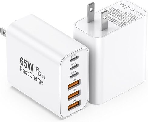 كتلة شاحن USB C، 2 حزمة 65 وات 6 منافذ USB C شاحن حائط، 6 في 1 شاحن iPhone شحن سريع PD+QC محول طاقة متعدد المنافذ من النوع C لشواحن الطوب iPhone 17/16/15/14/13/12/Pro Max/XS/Samsung in Kuwait