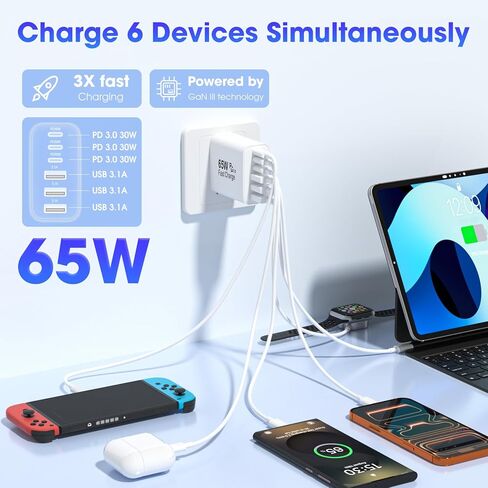 كتلة شاحن USB C، 2 حزمة 65 وات 6 منافذ USB C شاحن حائط، 6 في 1 شاحن iPhone شحن سريع PD+QC محول طاقة متعدد المنافذ من النوع C لشواحن الطوب iPhone 17/16/15/14/13/12/Pro Max/XS/Samsung in Kuwait