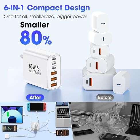 كتلة شاحن USB C، 2 حزمة 65 وات 6 منافذ USB C شاحن حائط، 6 في 1 شاحن iPhone شحن سريع PD+QC محول طاقة متعدد المنافذ من النوع C لشواحن الطوب iPhone 17/16/15/14/13/12/Pro Max/XS/Samsung in Kuwait