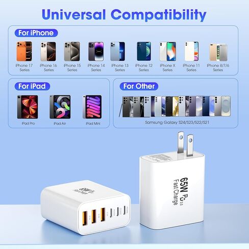 كتلة شاحن USB C، 2 حزمة 65 وات 6 منافذ USB C شاحن حائط، 6 في 1 شاحن iPhone شحن سريع PD+QC محول طاقة متعدد المنافذ من النوع C لشواحن الطوب iPhone 17/16/15/14/13/12/Pro Max/XS/Samsung in Kuwait