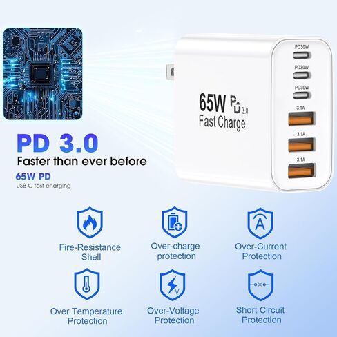 كتلة شاحن USB C، 2 حزمة 65 وات 6 منافذ USB C شاحن حائط، 6 في 1 شاحن iPhone شحن سريع PD+QC محول طاقة متعدد المنافذ من النوع C لشواحن الطوب iPhone 17/16/15/14/13/12/Pro Max/XS/Samsung in Kuwait