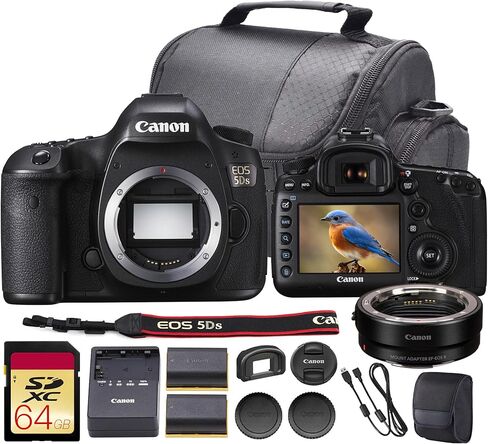 حزمة كاميرا Canon EOS 5DS DSLR | مستشعر كامل الإطار بدقة 50.6 ميجابكسل، وتصوير عالي الدقة، ونظام التركيز البؤري التلقائي المتقدم، وDIGIC 6 مزدوج | لتصوير الاستوديو والمناظر الطبيعية (0581C002) + بطاقة 64 جيجابايت + محول EF-EOS R + in Kuwait