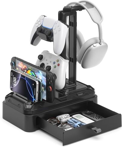 KDD Headphone Stand with Drawer - Rotatable Headset & Detachable Controller Holder for Desk - Multifunctional Organizer with Device Slot for Phones, Tablets - Universal for Gaming Accessories in Kuwait