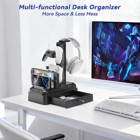 KDD Headphone Stand with Drawer - Rotatable Headset & Detachable Controller Holder for Desk - Multifunctional Organizer with Device Slot for Phones, Tablets - Universal for Gaming Accessories in Kuwait
