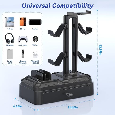KDD Headphone Stand with Drawer - Rotatable Headset & Detachable Controller Holder for Desk - Multifunctional Organizer with Device Slot for Phones, Tablets - Universal for Gaming Accessories in Kuwait