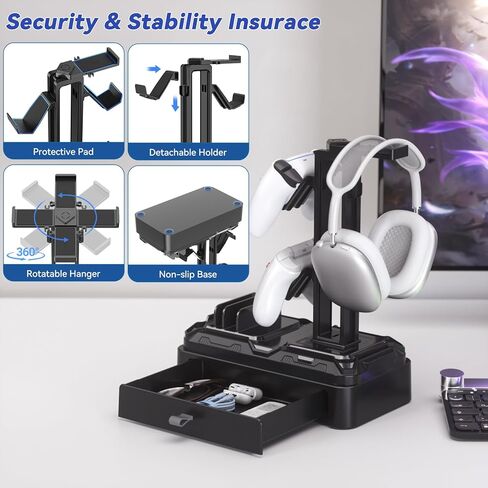KDD Headphone Stand with Drawer - Rotatable Headset & Detachable Controller Holder for Desk - Multifunctional Organizer with Device Slot for Phones, Tablets - Universal for Gaming Accessories in Kuwait