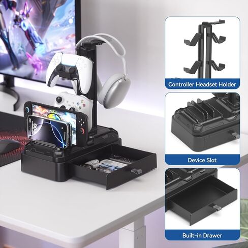 KDD Headphone Stand with Drawer - Rotatable Headset & Detachable Controller Holder for Desk - Multifunctional Organizer with Device Slot for Phones, Tablets - Universal for Gaming Accessories in Kuwait