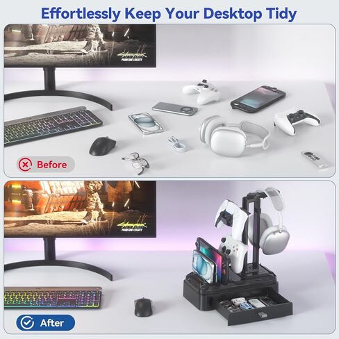 KDD Headphone Stand with Drawer - Rotatable Headset & Detachable Controller Holder for Desk - Multifunctional Organizer with Device Slot for Phones, Tablets - Universal for Gaming Accessories in Kuwait
