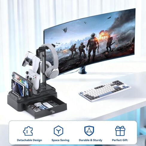KDD Headphone Stand with Drawer - Rotatable Headset & Detachable Controller Holder for Desk - Multifunctional Organizer with Device Slot for Phones, Tablets - Universal for Gaming Accessories in Kuwait