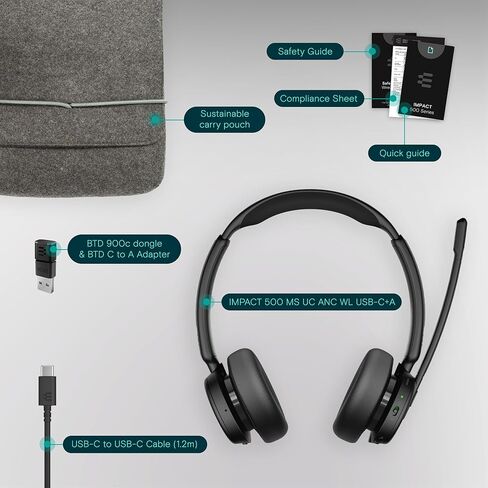 سماعة رأس لاسلكية EPOS Impact 500 ANC - فرق معتمدة مع اتصال USB-C وUSB-A - صوت بلوتوث متقدم لعمل أكثر ذكاءً وخاليًا من التشتيت in Kuwait