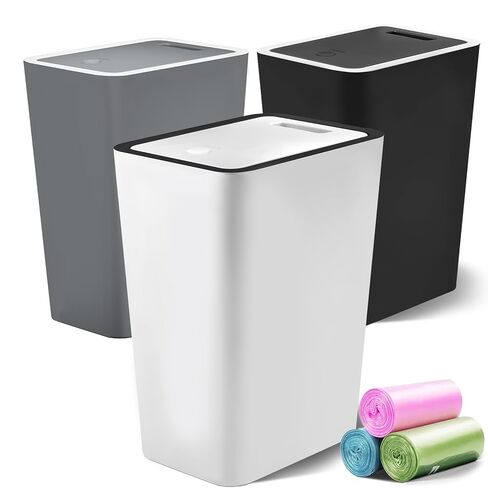 Small Trash Can, 3 Pack 4 Gallons Bathroom Garbage Can with Lid Press-Top, Small Waste Basket with Trash Bags, Slim Plastic Garbage Bin for Dorm, Office, Bedroom, Kitchen, Living Room (Multi) in Saudi Arabia