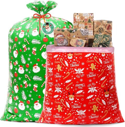 AhfuLife Extra Large Christmas Gift Bags, 36" x 56", 4 PCS Jumbo Xmas Gift Bags Oversized Giant Bags with Tags & Ties, Holiday Presents Bags Christmas Decoration Huge Santa Wrapping Bag for Large Gifts Party in Saudi Arabia