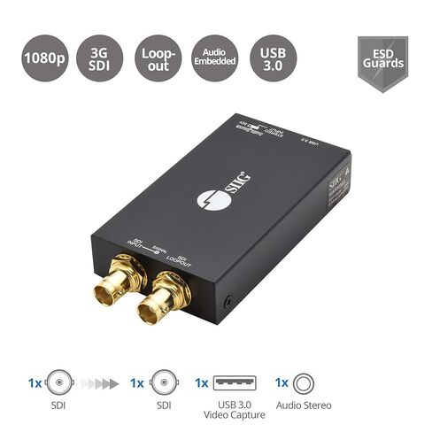 بطاقة التقاط فيديو SIIG SDI مع حلقة SDI، التقاط 1080p 3G/HD/SD-SDI، سجل USB 3.0 1080p، قشارة، تضمين الصوت، للبث المباشر لكاميرا SDI، UVC/UAC، H.264، متوافق مع TAA (CE-SD0K11-S1) in Saudi Arabia