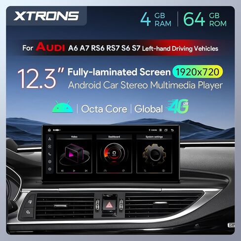 XTRONS 12.3 بوصة Android 13 ستيريو سيارة لأودي A6 A7 RS6 RS7 S6 S7 Typ C7 (2016-2018) نظام MIB، شاشة لمس IPS 4+64 جيجابايت راديو سيارة عالمي 4G نظام تحديد المواقع العالمي يدعم CarPlay Android Auto in Saudi Arabia