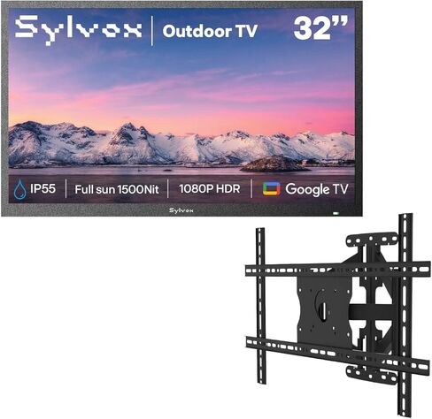 تلفزيون SYLVOX خارجي مقاس 32 بوصة مع حامل على الحائط، تلفزيون خارجي كامل الشمس بدقة 1080 بكسل، 1500 شمعة في المتر المربع، IP55 مقاوم للطقس، نظام تشغيل Google، دعامة حركة كاملة مع 6 أذرع مزدوجة مفصلية، الحد الأقصى VESA 600 × 400 (Pool Se) in Saudi Arabia