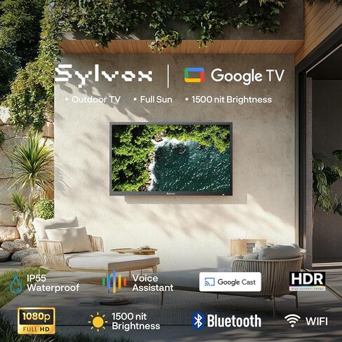 تلفزيون SYLVOX خارجي مقاس 32 بوصة مع حامل على الحائط، تلفزيون خارجي كامل الشمس بدقة 1080 بكسل، 1500 شمعة في المتر المربع، IP55 مقاوم للطقس، نظام تشغيل Google، دعامة حركة كاملة مع 6 أذرع مزدوجة مفصلية، الحد الأقصى VESA 600 × 400 (Pool Se) in Saudi Arabia