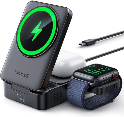 محطة شحن لاسلكية مدمجة 3 في 1 من Lamicall لأجهزة Apple Magsafe، [تبريد آمن] حامل شاحن مغناطيسي قابل للطي للسفر لهواتف iPhone 17 16 15 14 13 12 Series، Airpods Pro، Apple Watch Ultra in Saudi Arabia