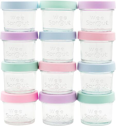 WeeSprout Glass Baby Food Storage Jars w/Lids (4 oz, 12 Pack Set) Snack, Puree, Reusable Small Containers, Breast Milk, Fridge or Freezer, Microwave & Dishwasher Safe, Essential Must Have for Infants in Saudi Arabia