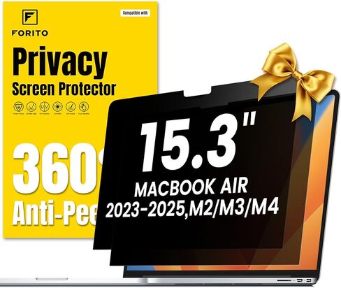 شاشة خصوصية F FORITO مكونة من عبوتين بزاوية 360 درجة متوافقة مع جهاز MacBook Air 15.3 بوصة (2023-2025، M2، M3، M4)، درع حماية للعين مضاد للوهج ومضاد للضوء الأزرق غير اللامع لخصوصية الكمبيوتر in Saudi Arabia