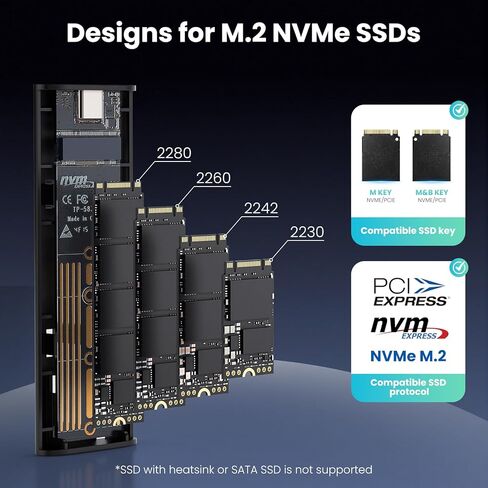 حاوية M.2 NVMe، محول USB 3.2 Gen 2 بسرعة 10 جيجابت في الثانية، حافظة خارجية خالية من الأدوات لمحركات أقراص PCIe SSD 2230/2242/2260/2280 (مفتاح M&B+M) مع دعم UASP، تتضمن كابل USB C إلى C وA in Kuwait