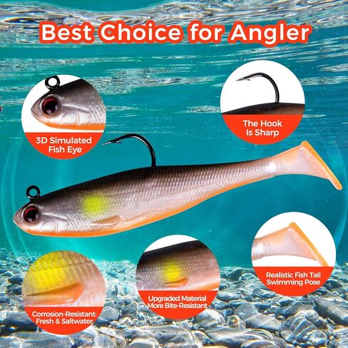 5/6Pcs Easy Catch Pre-Rigged Soft Lures,Baits for Bass Fishing - Jig Heads Soft Plastic Walleye Lures,Paddle Tail Swimbaits for Bass, Fishing Bait for Saltwater & Freshwater in Saudi Arabia