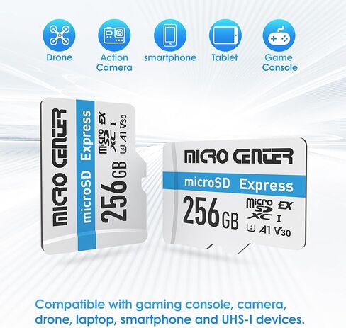 بطاقة ذاكرة Micro Center 256 جيجابايت microSDXC UHS-I U3 V30 A1 MicroSD Express، سرعة قراءة تصل إلى 880 ميجابايت/ثانية وكتابة تصل إلى 770 ميجابايت/ثانية in Kuwait