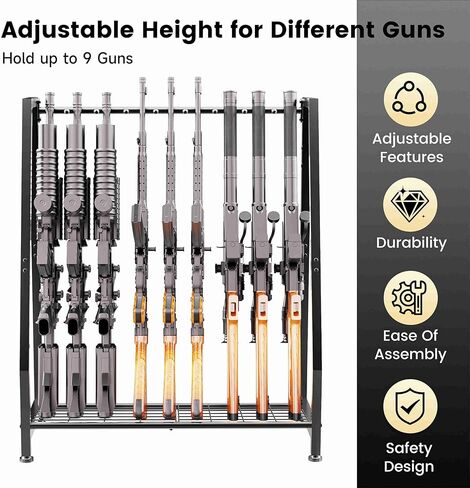 Gun Rack Rifle Stand Floor for Indoor Display, Gun Holder Storage Organizer Holds 9 Long Guns, Heavy Duty Metal Adjustable Vertical Gun Shelf for Home Garage or Retail Shop in Saudi Arabia