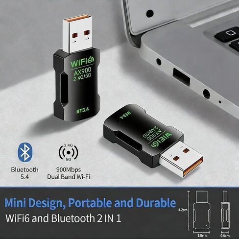 USB WiFi 6 Adapter for PC Desktop & Laptop, 900Mbps Dual Band 2.4/5GHz with Bluetooth 5.4, Nano Size Plug & Play, Windows 11/10 Driver-Free, Reconnect 7 Devices Simultaneously in Saudi Arabia