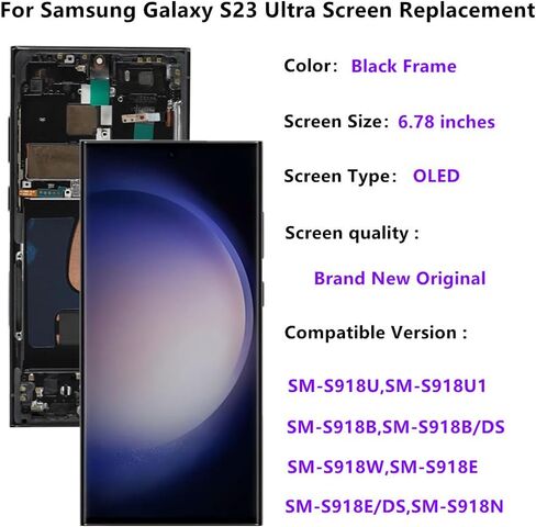 شاشة OLED بديلة لهاتف Samsung Galaxy S23 Ultra 5G LCD لهاتف Galaxy S23Ultra SM-S918U SM-S918U1 مجموعة رقمية تعمل باللمس تدعم بصمة الإصبع (مع إطار أسود + فيلم ناعم + أدوات) in Kuwait