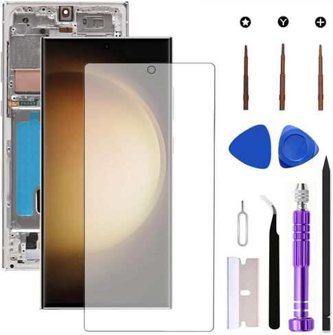 شاشة OLED بديلة لهاتف Samsung Galaxy S23 Ultra 5G LCD لهاتف Galaxy S23Ultra SM-S918U SM-S918U1 مجموعة رقمية تعمل باللمس تدعم بصمة الإصبع (مع إطار أسود + فيلم ناعم + أدوات) in Kuwait